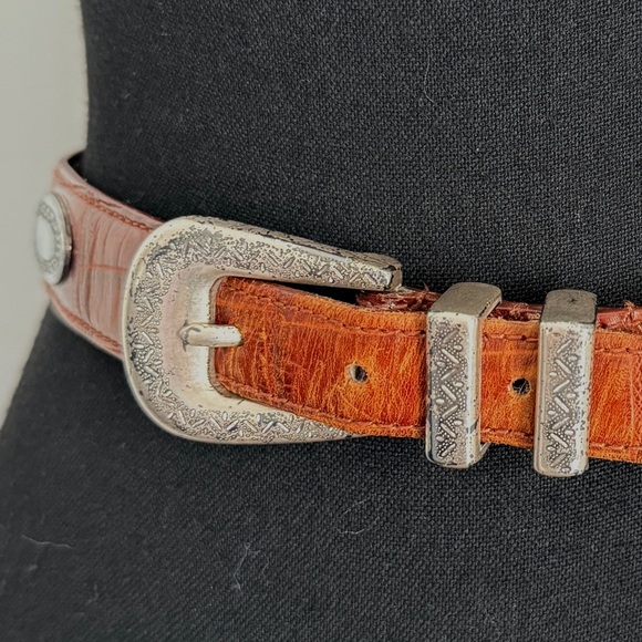 Vintage Fossil Brown Croc Embossed Leather Concho Belt Western Boho Sz M - Picture 4 of 4